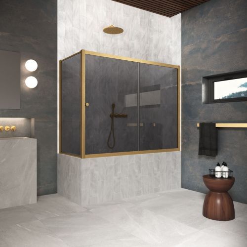 Душевая шторка на ванну Vegas-Glass ZV+ZVF Protec ZV+ZVF Protec 180*85 03 07 180х140 стекло тонированное профиль золото ориентация универсальная