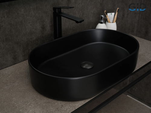 Раковина керамическая Gid Lago 53354 60х40 накладная цвет черный без отверстий под смеситель