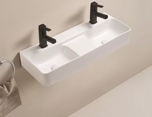 Раковина из сантехнического фаянса CeramaLux 78694 80х30 подвесная цвет белый 2 отверстия под смеситель