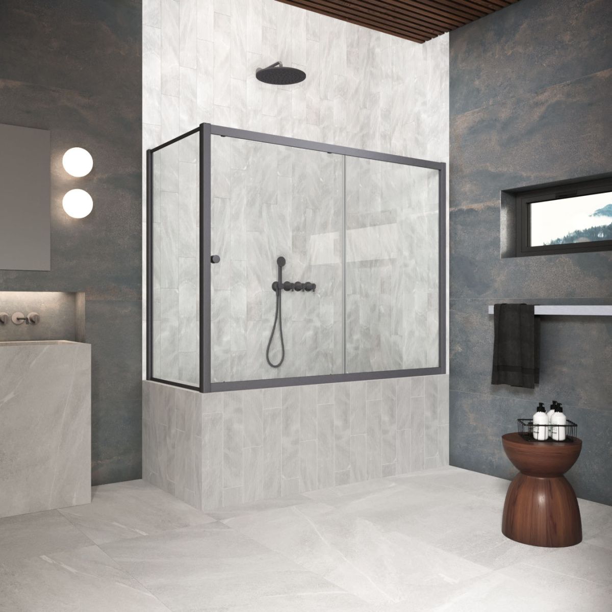 Душевая шторка на ванну Vegas-Glass ZV+ZVF Protec ZV+ZVF Protec 180*85 06 crystalvision 180х140 стекло прозрачное профиль вороненая сталь ориентация универсальная