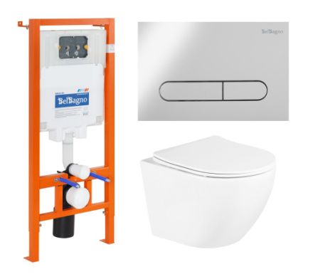 Комплект унитаз с инсталляцией с клавишей смыва BelBagno UNO BB3105CHR/SC/BB002-80/BB005-PR-CHROME
