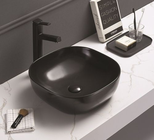 Раковина из сантехнического фаянса CeramaLux 78107MB 40х40 накладная цвет черный без отверстий под смеситель