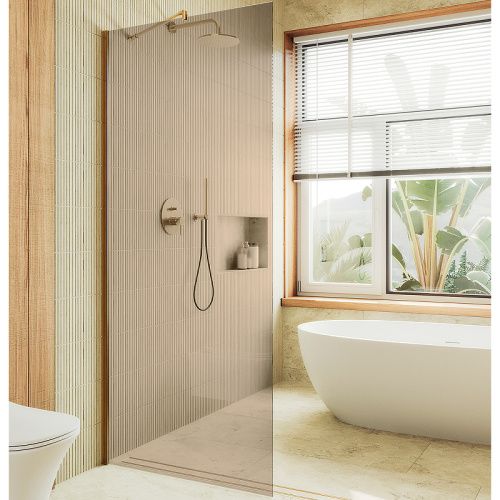 Душевая перегородка Maybah Glass MGD-678-3ш 110х195 стекло тонированное профиль золото