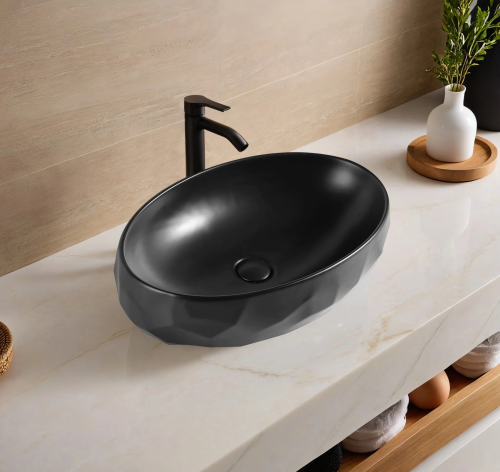 Раковина керамическая Gid Lago 53385 60х40 накладная цвет черный без отверстий под смеситель