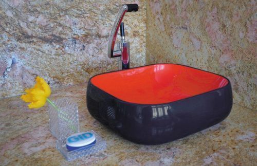 Раковина керамическая Gid 52226 50х40 накладная цвет черный/красный без отверстий под смеситель