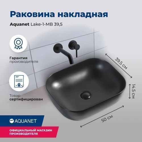 Раковина керамическая Aquanet Lake LAKE-1-MB 50х40 накладная цвет черный без отверстий под смеситель