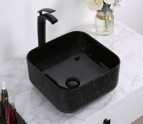 Раковина из сантехнического фаянса CeramaLux D1303H004 40х40 накладная цвет черный без отверстий под смеситель