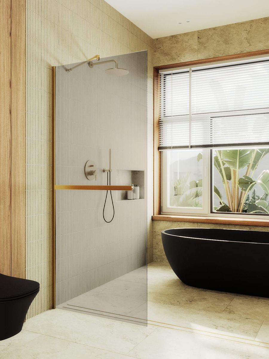 Душевая перегородка Maybah Glass MGD-715-3ш 120х195 стекло тонированное профиль золото