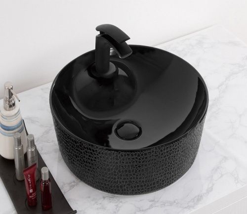 Раковина из сантехнического фаянса CeramaLux D1306H004 40х40 накладная цвет черный 1 отверстие под смеситель