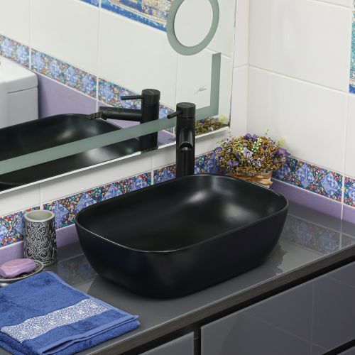 Раковина из сантехнического фарфора Melana 78105MB-805 50х30 накладная цвет черный без отверстий под смеситель
