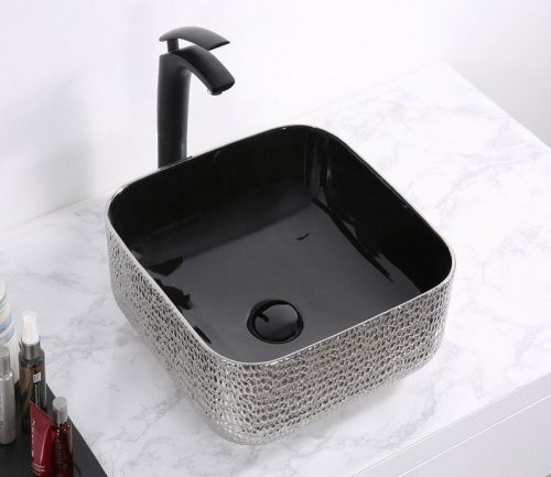 Раковина из сантехнического фаянса CeramaLux D1303H020 40х40 накладная цвет черный без отверстий под смеситель