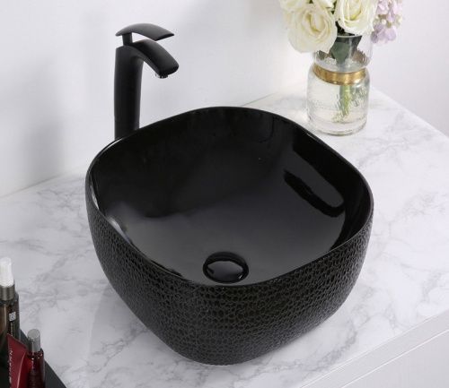 Раковина из сантехнического фаянса CeramaLux D1301H004 40х40 накладная цвет черный без отверстий под смеситель