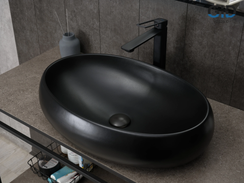Раковина керамическая Gid Lago 53371 60х40 накладная цвет черный без отверстий под смеситель
