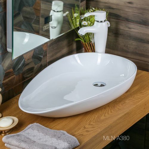 Раковина из сантехнического фарфора Melana A380-805 80х40 накладная цвет белый без отверстий под смеситель