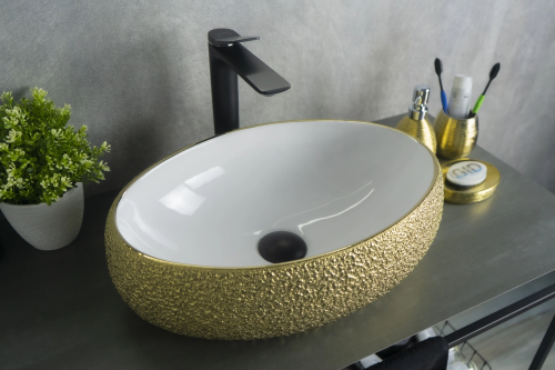 Раковина керамическая Gid Lago 52219 50х30 накладная цвет белый/золото без отверстий под смеситель