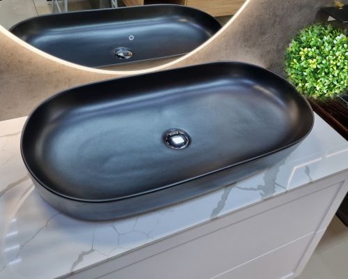 Раковина из сантехнического фаянса CeramaLux 78327MB 80х40 накладная цвет черный без отверстий под смеситель