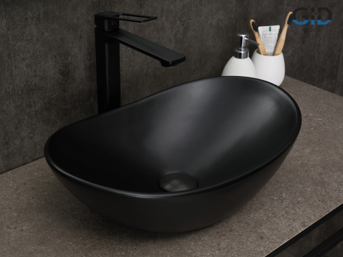 Раковина керамическая Gid Lago 53352 50х30 накладная цвет черный без отверстий под смеситель