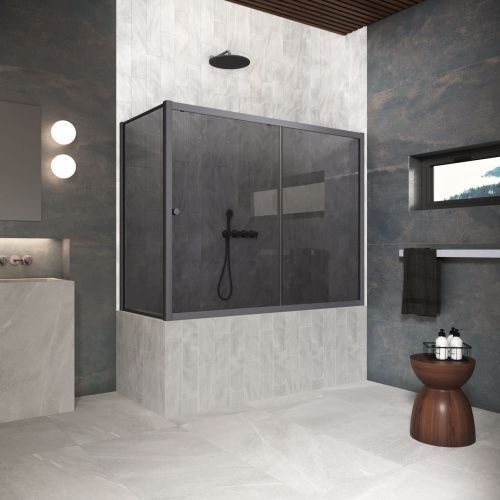 Душевая шторка на ванну Vegas-Glass ZV+ZVF Protec ZV+ZVF Protec 180*85 06 07 180х140 стекло тонированное профиль вороненая сталь ориентация универсальная