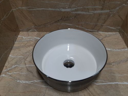 Раковина из сантехнического фаянса CeramaLux C1054 40х40 накладная цвет хром без отверстий под смеситель