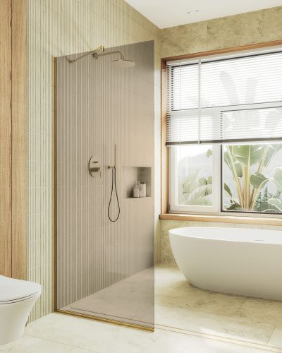 Душевая перегородка Maybah Glass MGD-684-3у 120х195 стекло тонированное профиль золото