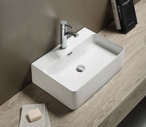 Раковина из сантехнического фаянса CeramaLux D1338 60х40 накладная цвет белый 1 отверстие под смеситель