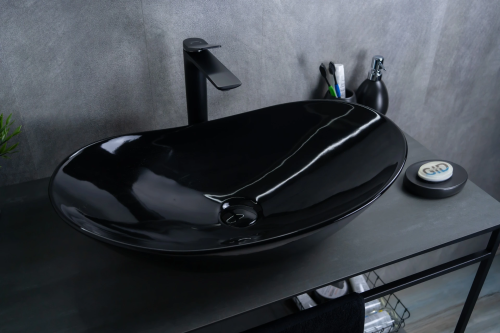 Раковина керамическая Gid Lago 53349 60х40 накладная цвет черный без отверстий под смеситель