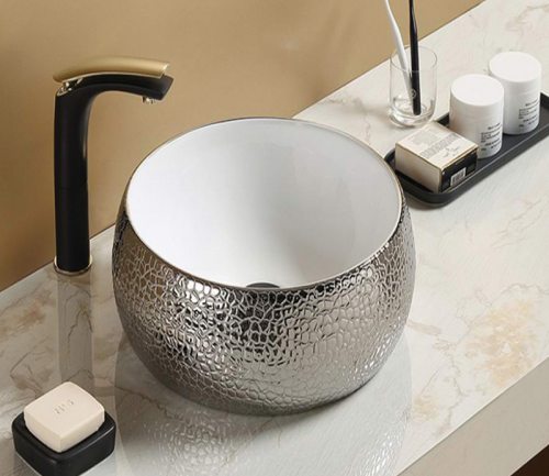 Раковина из сантехнического фаянса CeramaLux C1062 40х40 накладная цвет хром без отверстий под смеситель