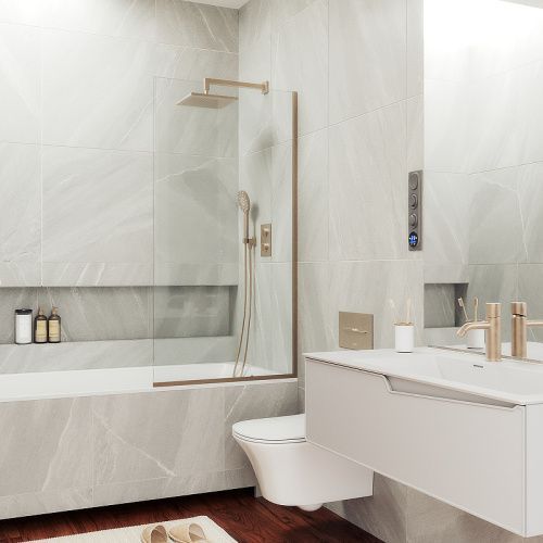 Душевая шторка на ванну Maybah Glass MGV-59-2у 60х140 стекло прозрачное профиль бронза ориентация универсальная