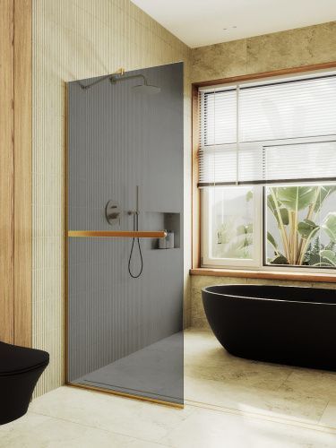 Душевая перегородка Maybah Glass MGD-717-3у 120х195 стекло тонированное профиль золото