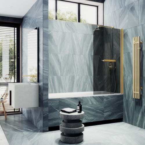 Душевая шторка на ванну Maybah Glass MGV-779-3 60х140 стекло тонированное профиль золото ориентация универсальная