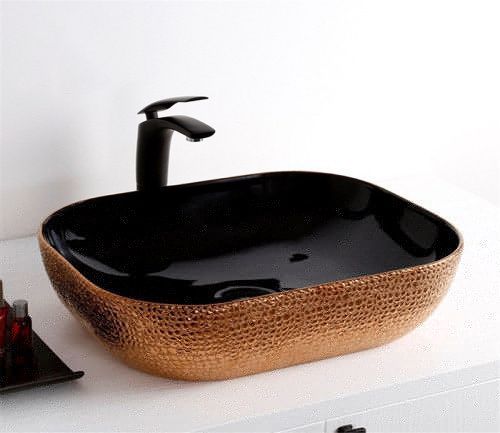 Раковина из сантехнического фаянса CeramaLux D1302H024 50х40 накладная цвет черный/медь без отверстий под смеситель