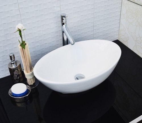 Раковина из сантехнического фаянса CeramaLux 9021 50х30 накладная цвет белый без отверстий под смеситель