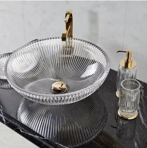 Раковина хрустальная 3SC Elegance EL11ACRGD 40 см накладная цвет золото/прозрачный без отверстий под смеситель