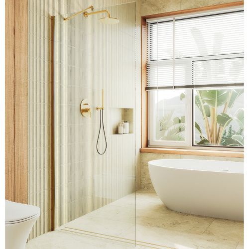 Душевая перегородка Maybah Glass MGD-677-3ш 110х195 стекло прозрачное профиль золото