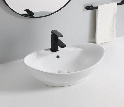 Раковина из сантехнического фаянса CeramaLux 9018 60х40 накладная цвет белый 1 отверстие под смеситель