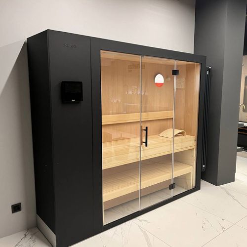 Сауна раздвижная Klafs S1 KLAFS L Black232х160(60)х211 L с прозрачным стеклом, хемлок, Varius 6.0 кВт, чёрный матовый