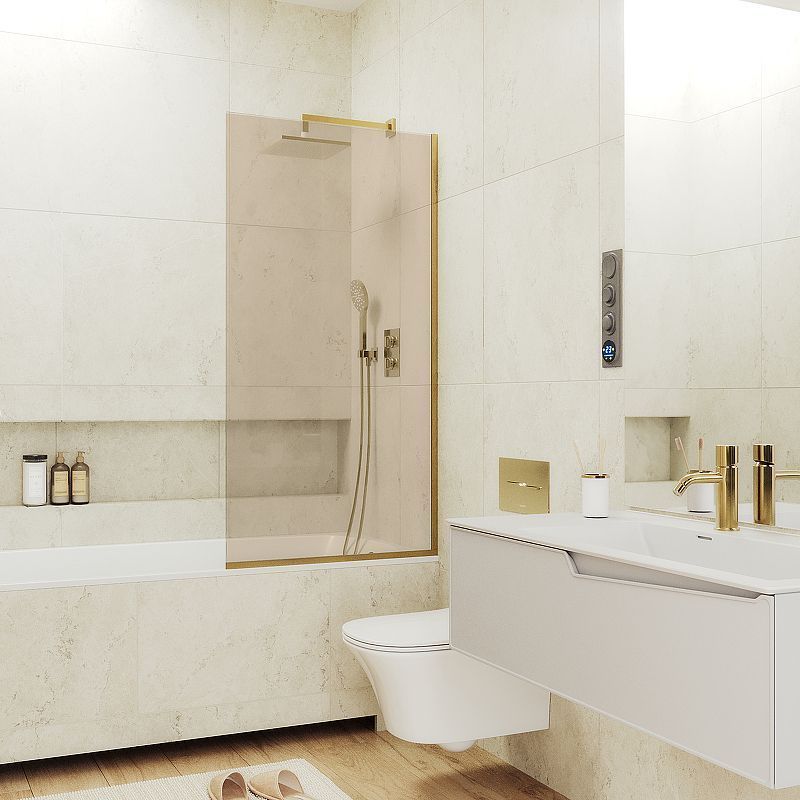 Душевая шторка на ванну Maybah Glass MGV-71-3у 90х140 стекло тонированное профиль золото ориентация универсальная