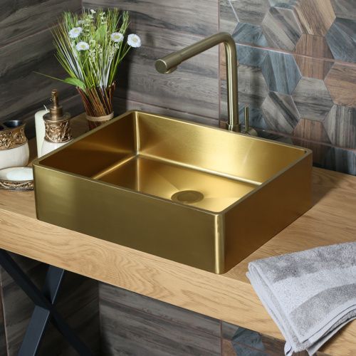 Раковина из нержавеющей стали Melana MLN-D4837G Castle 50х40 накладная цвет золото без отверстий под смеситель