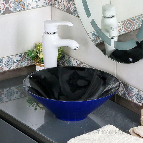 Раковина из сантехнического фарфора Melana 7020-B1+B18-806 40х40 накладная цвет черный/синий без отверстий под смеситель