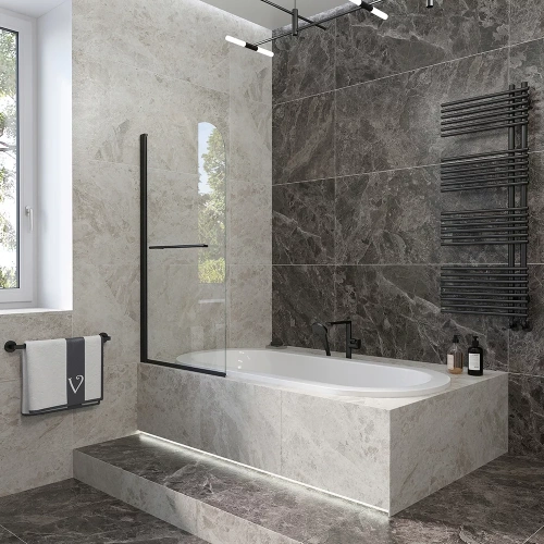 Душевая шторка на ванну Veconi Palau PL79B-70-01-C4 70х150 стекло прозрачное профиль черный ориентация универсальная