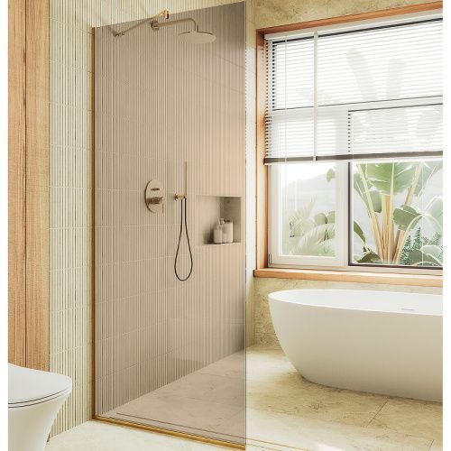 Душевая перегородка Maybah Glass MGD-678-3у 110х195 стекло тонированное профиль золото