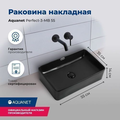 Раковина керамическая Aquanet Perfect PERFECT-3-MB 60х40 накладная цвет черный без отверстий под смеситель
