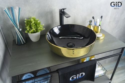 Раковина керамическая Gid 52214 40х40 накладная цвет черный/золото без отверстий под смеситель