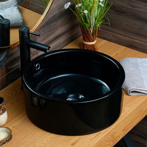 Раковина из сантехнического фарфора Melana 7076b-805 40х40 накладная цвет черный без отверстий под смеситель