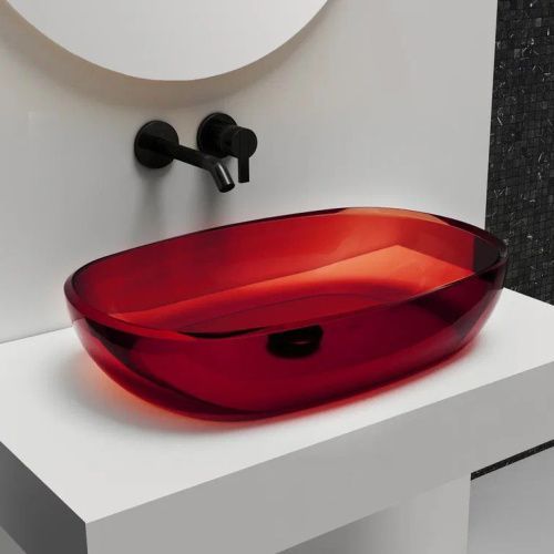 Раковина из полиэфирной смолы Abber KRISTALL AT2805Rubin 60х40 накладная цвет красный без отверстий под смеситель