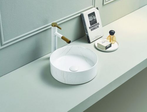 Раковина из сантехнического фаянса CeramaLux С1112 40х40 накладная цвет белый без отверстий под смеситель