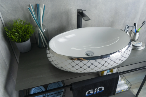Раковина керамическая Gid Lago 52201 60х40 накладная цвет белый/хром без отверстий под смеситель