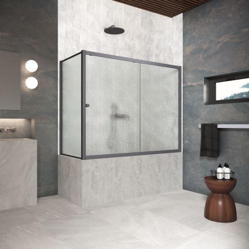 Душевая шторка на ванну Vegas-Glass ZV+ZVF Protec ZV+ZVF Protec 180*85 06 02 180х140 стекло рифленое профиль вороненая сталь ориентация универсальная