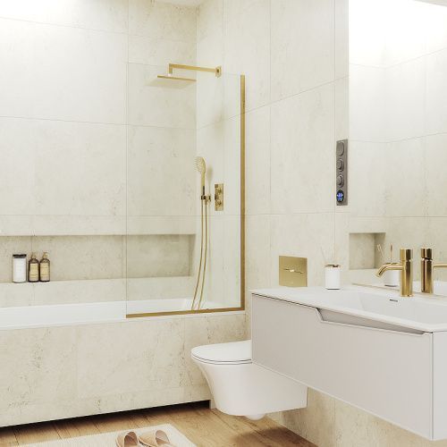 Душевая шторка на ванну Maybah Glass MGV-65-3у 90х140 стекло прозрачное профиль золото ориентация универсальная