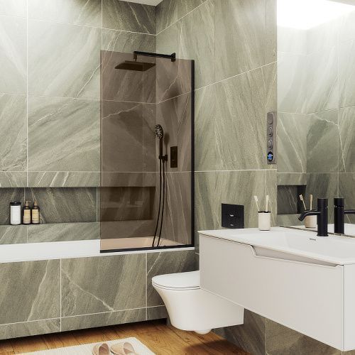 Душевая шторка на ванну Maybah Glass MGV-71-6у 90х140 стекло тонированное профиль черный ориентация универсальная